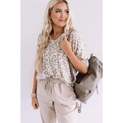 Brown Leopard Print V Neck Plus Size T Shirt
