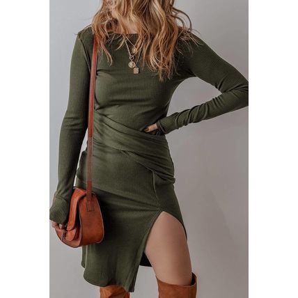 Jungle Green Ribbed Side Slit Ruched Slim Fit Long Sleeve Mini Dress