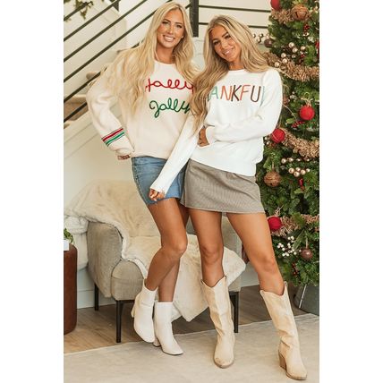 Beige Tinsel Holly Jolly Graphic Classic Sweater