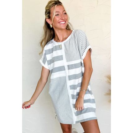 Gray Stripe Mixed Printed Short Sleeve Shift Mini T Shirt Dress