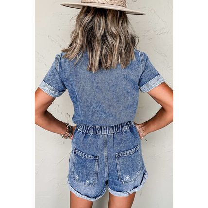 Dusk Blue Chest Pocket Front Buttoned Folded Edge Denim Short Sleeve Romper