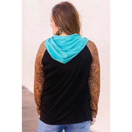 Black Western Print Color Block Plus Size Hoodie