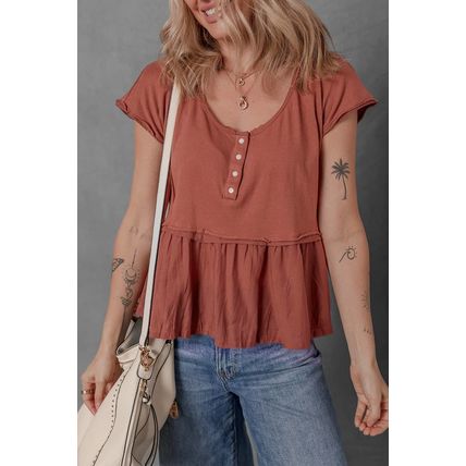 Chestnut Short Sleeve U Neck Buttons Splicing Ruffle Blouse