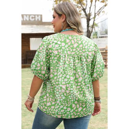 Green Plus Size Floral Tassel Tie Split Neck Puff Sleeve Blouse