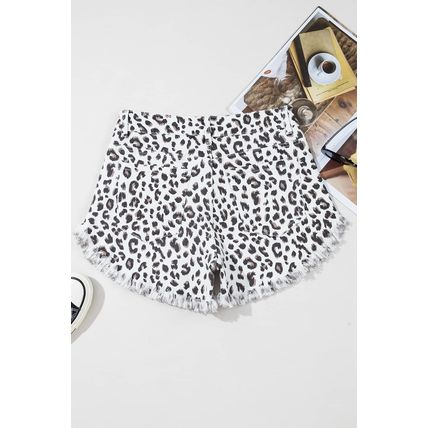 White Leopard Frayed Hem Denim Shorts