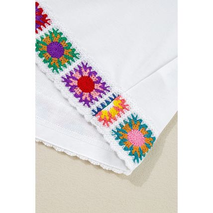 White Floral Crochet Patched Ruffled Sleeve Crewneck Blouse