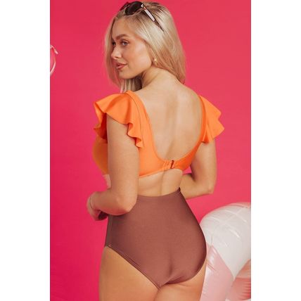 Orange Ruffle Sleeve Tricolor Cutout Front Ring One Piece Swimsuit