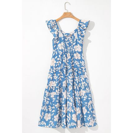 Sky Blue Floral U Neck Flutter Shoulder Tiered Flowy Midi Dress