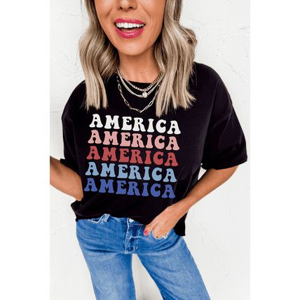 Black Colorful AMERICA Print Crewneck Patriotic T Shirt