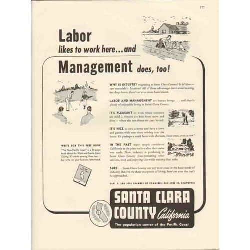 santa clara county ca 1947 labor work management population vintage ad