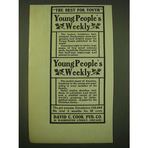 1902 David C. Cook Pub. Young People's Weekly Ad - The best for youth