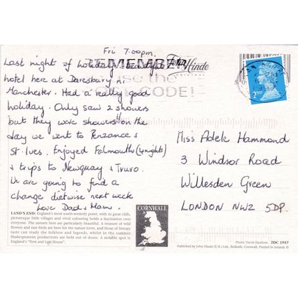 Lands End Cornwall Postcard posted 1997 creased