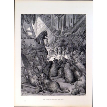COUNCIL HELD BY THE RATS 1885 Gustave Doré Jean de La Fontaine ANTIQUE ENGRAVING