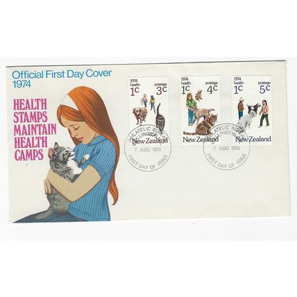 NEW ZEALAND 1974 HEALTH STAMPS CATS & DOGS SET OF 3 OFFICIAL FIRST DAY COVER