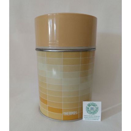 VINTAGE 1970s KING-SEELEY YELLOW GEOMETRIC PATTERN SOUP THERMOS w LID & STOPPER