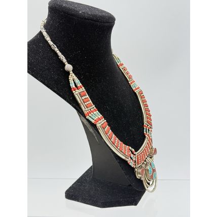 Turquoise Red Coral Gemstone Necklace Tibetan Nepali Jewelry Women Silver Triba
