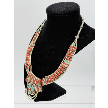 Turquoise Red Coral Gemstone Necklace Tibetan Nepali Jewelry Women Silver Triba