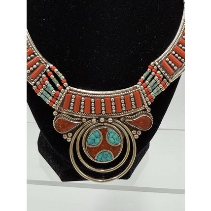 Turquoise Red Coral Gemstone Necklace Tibetan Nepali Jewelry Women Silver Triba