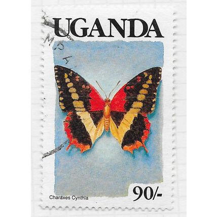 UGANDA 1989 BUTTERFLIES WESTERN RED CHARAXES CYNTHIA BLCK COUNTRY NAME 90/- USED