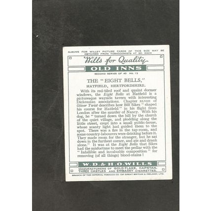 Cigarette Card Wills Old Inns 2nd 1939 The Eight Bells Hatfield #13