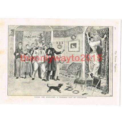Mistletoe a Terrible Test of Gallantry, Humorous Cartoon, Book Illustration 1895
