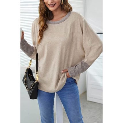 Khaki Contrast Cuffs Batwing Sleeve Loose Top