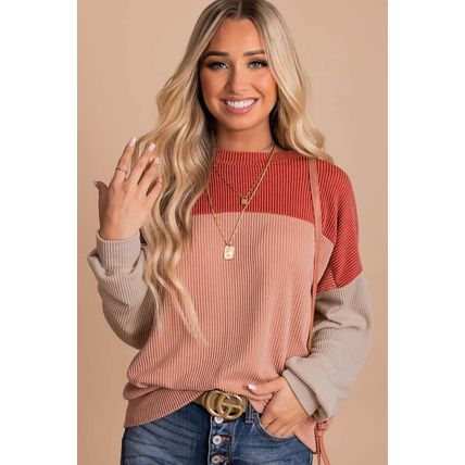 Red Color Block Long Sleeve Ribbed Loose Top