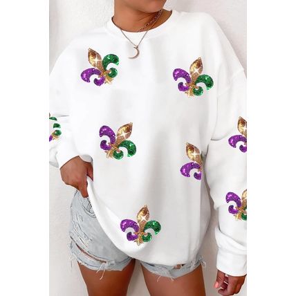 White Sequin Mardi Gras Graphic Pullover Sweatshirt