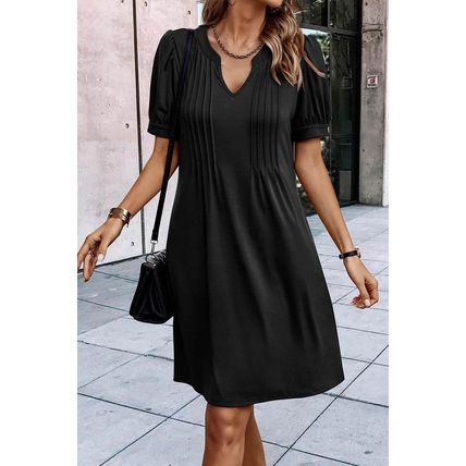 Black Notched Neck Pleated Puff Sleeve Shift T-shirt Dress