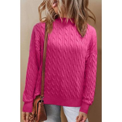 Rose Red Solid Cable Knit High Neck Drop Shoulder Sweater