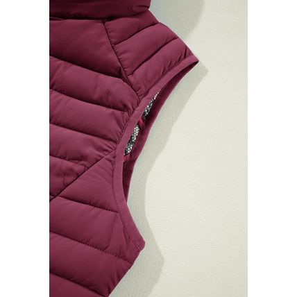 Burgundy Plush Collared Quilted Zipped Puffer Vest