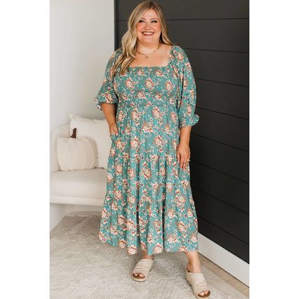 Green Plus Size Floral Print Square Neck Smocked Maxi Dress