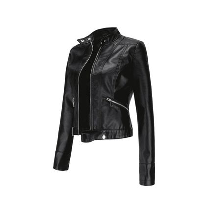 Black Faux Leather Snap Button Stand Neck Zipped Pocket Jacket