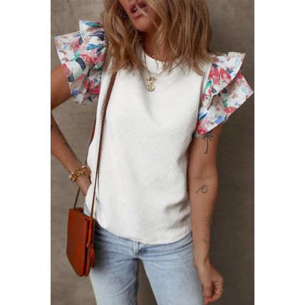 White Abstract Print Tiered Ruffled Sleeve Textured Knit Top