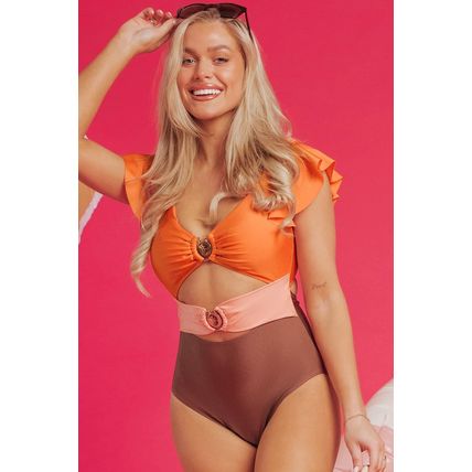 Orange Ruffle Sleeve Tricolor Cutout Front Ring One Piece Swimsuit