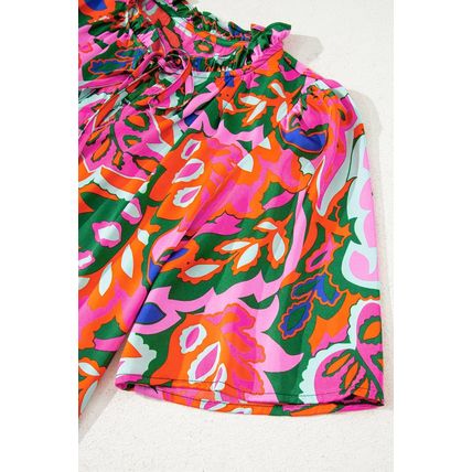 Rose Summer Plant Print Lace up V Neck Short Sleeve Blouse