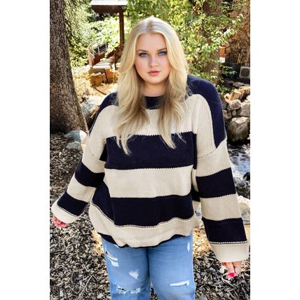 Blue Stripe Color Block PLus Size Drop Shoulder Sweater