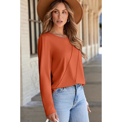 Red Clay Asymmetric Seam Detail Solid Color Long Sleeve Top