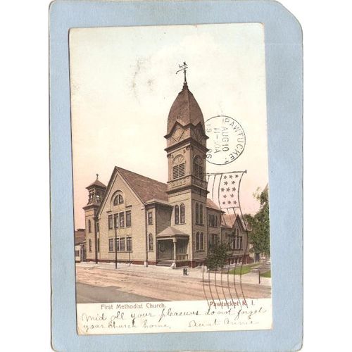Rhode Island Pawtucket Postcard First Methodist Church Street Scene Undivi~1101
