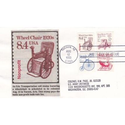 United States 1988 Wheelchair 1920,s Transportation FDC Tucson AZ cancel typed