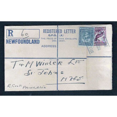 Newfoundland #RE1 1940 Registered Sta. with Princeton NFLD RPO cancel