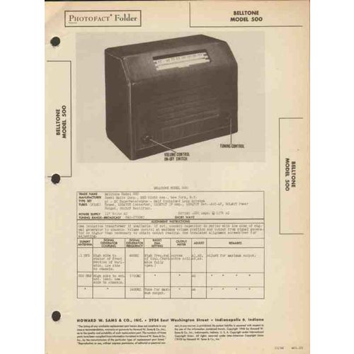 BELLTONE model 500 5 tube AM radio receiver Sams Photofact manual