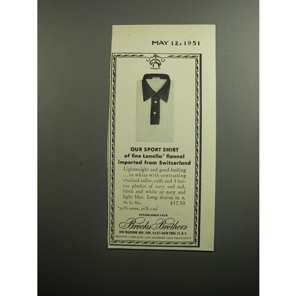1951 Brooks Brothers Sport Shirt Ad - Our sport shirt of fine Lanella flannel