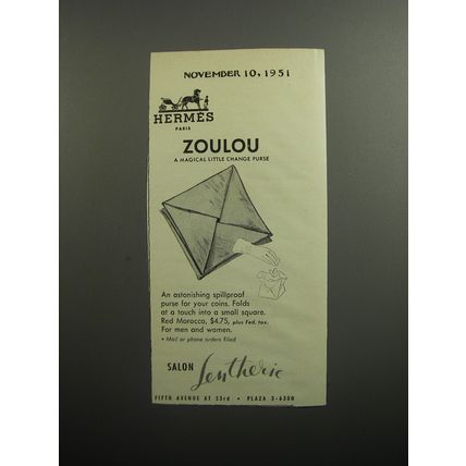 1951 Salon Lentheric Hermes Zoulou Change Purse Advertisement