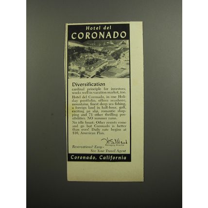 1952 Hotel del Coronado Ad - Diversification cardnial principle for investors