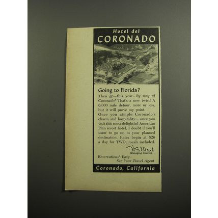 1952 Hotel del Coronado Ad - Going to Florida?