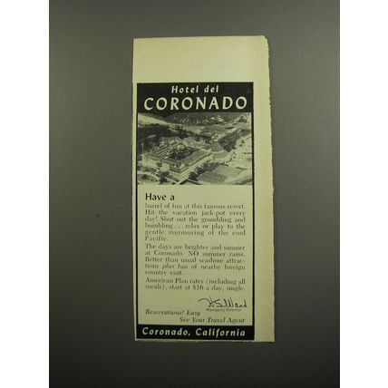 1952 Hotel del Coronado Ad - Have a barrel of fun at this famous resort