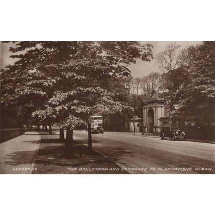 Bus At Plantations Entrance Wigan Old Real Photo Postcard