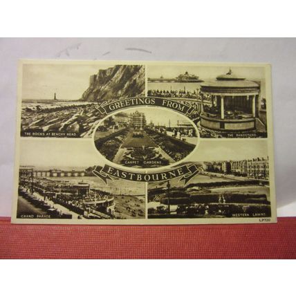 multiview, EASTBOURNE, SUSSEX used vintage postcard.by Lansdowne 1955 pm