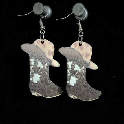 Earrings Heart Hat Western Cowboy Boots Wooden #703